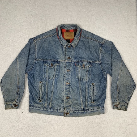 VTG Levis Trucker Jacket Mens L Plaid Lined Denim 70417-4891 Made In USA 90s - Picture 1 of 15